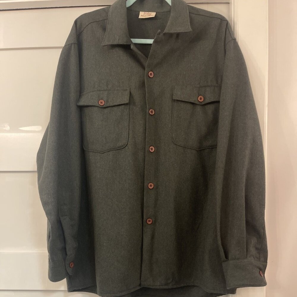Men's SISLEY Italian Wool Blend Long Sleeve Button Down Shirt Olive Green L